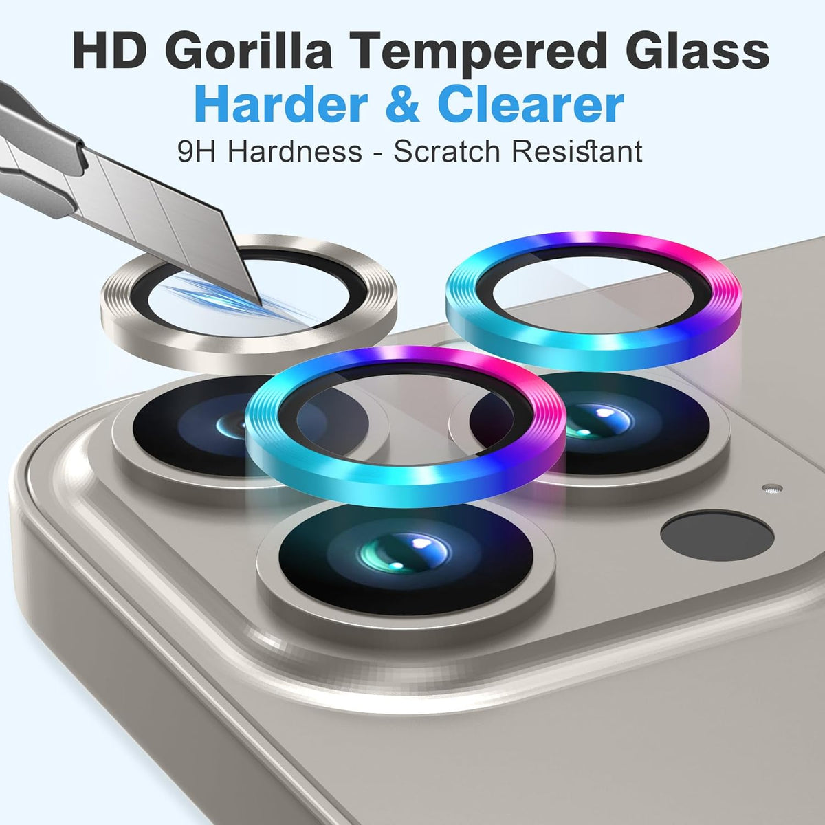 AGVEE 3+3 Camera Lens Protector for iPhone 15 Pro 6.1" / 15 Pro Max 6.7", Brushed Metal Ring 9H Tempered HD Glass Camera Protector Cover Film, Original