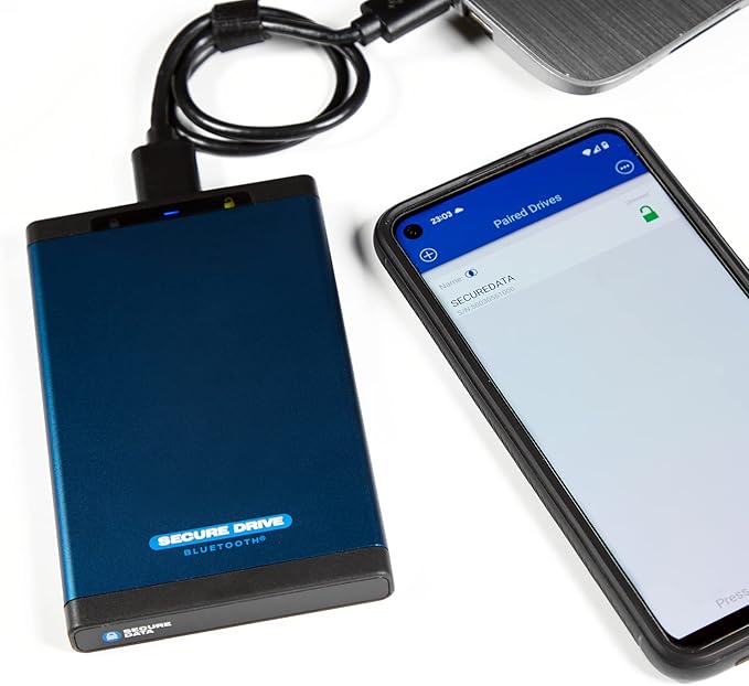 SecureData SecureDrive BT 1TB SSD Hardware Encrypted USB 3.0 Ext Drive FIPS 140-2 Level 3 Unlock via Phone app TAA Compliant CJIS HIPAA CMMC GDPR Compliant Works with Mac and Win Free AV