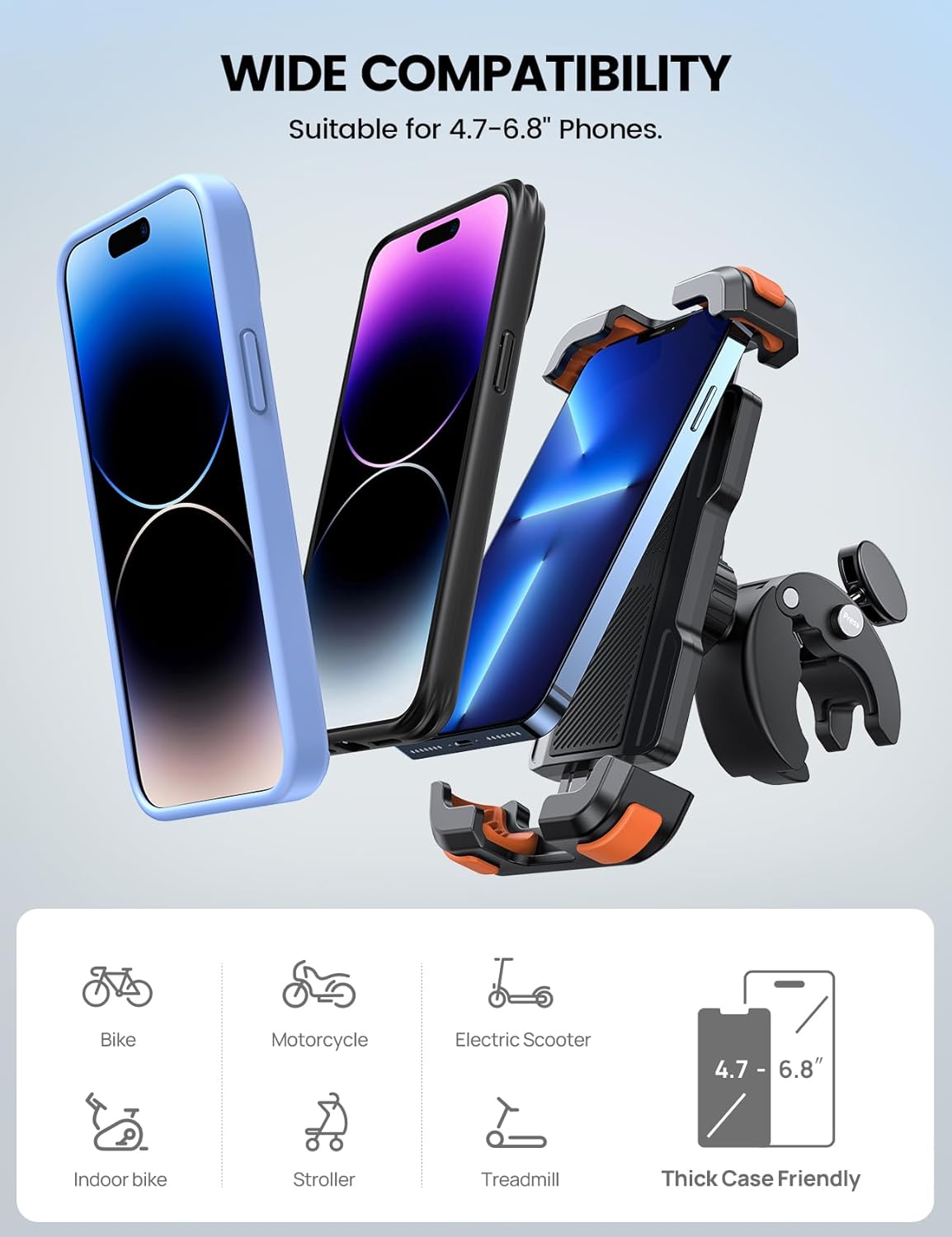 Lamicall Motorcycle Phone Mount, Bike Phone Holder - Upgrade Quick Install Handlebar Clip for Bicycle Scooter, Cell Phone Clamp for iPhone 15 14 13 Pro Max, Galaxy S23 and More 4.7-6.8" Phone, Orange