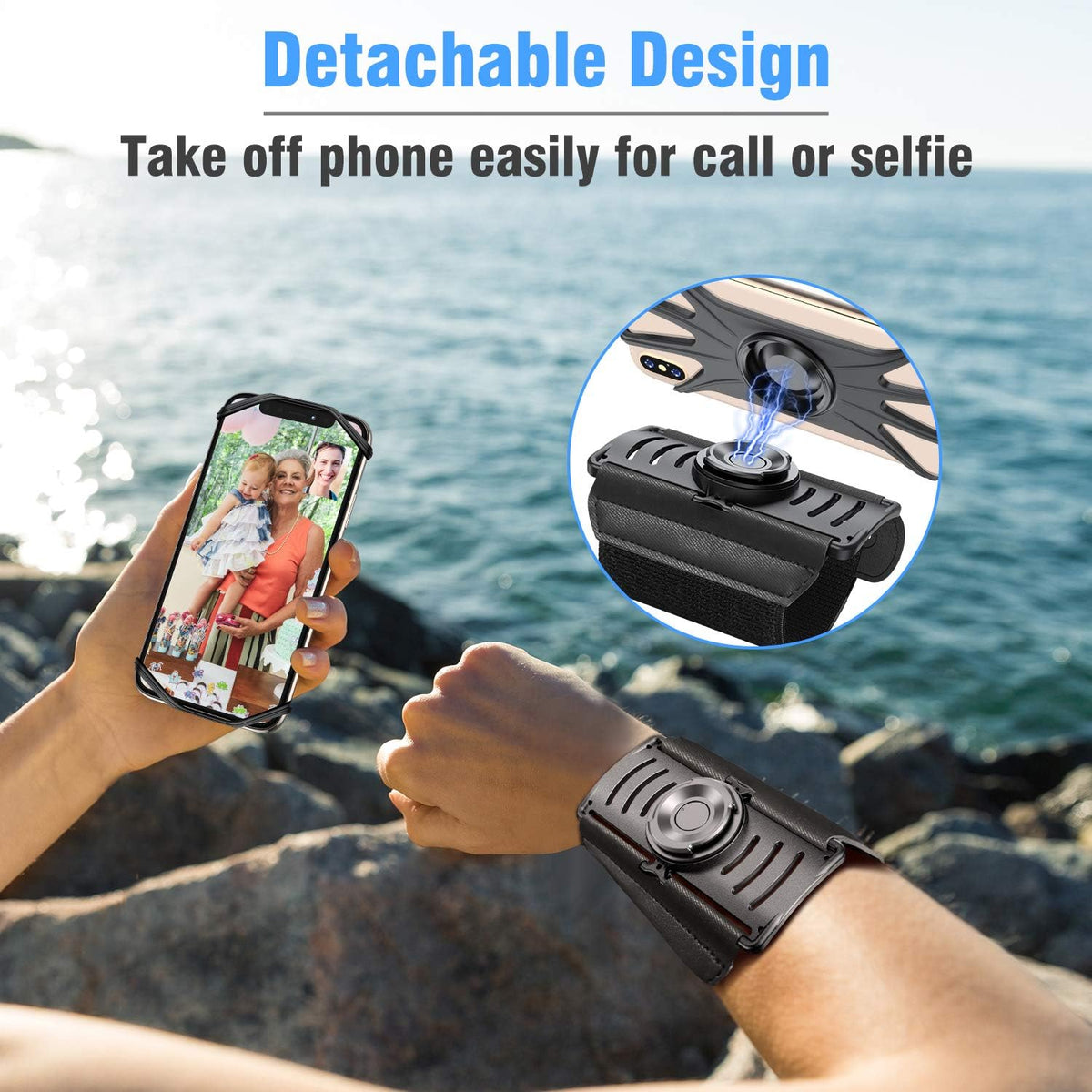 VUP Detachable Cell Phone Running Armband 360°Rotatable for iPhone 16/15/14/13/Pro Max/Pro/Mini/12/11, Fits All 4-6.9 Inch Smartphones, with Key Holder,Phone Holder for Running Hiking Biking (Black)