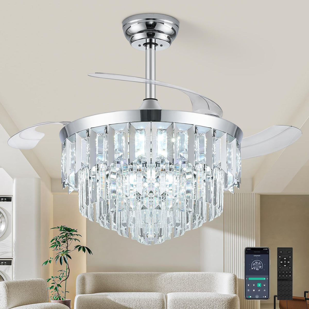 TXCSLY 48 Fandelier Ceiling Fan with Light, Crystal Chandelier Fan with Retractable Blades Dimmable Crystal Ceiling Fan Chandeli