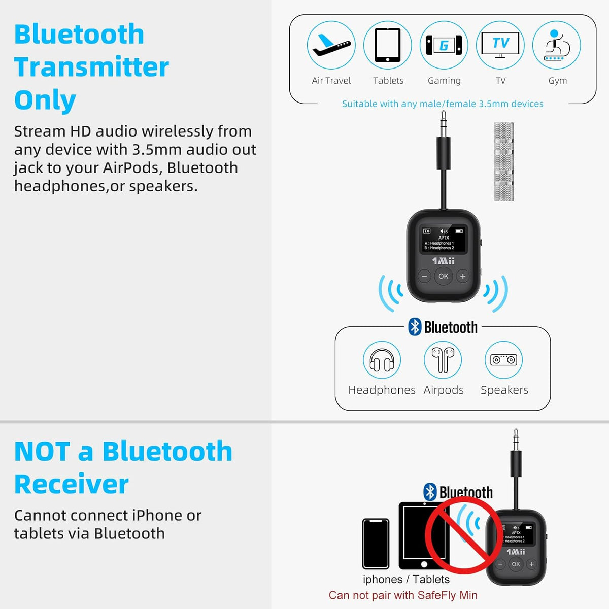 Airplane Bluetooth 5.3 Transmitter for All Headphones - Bluetooth Adapter for TV - Dual Connection - aptX Low Latency - Flying Travel,Long Flight Essentials - Wireless Audio Aux for MP3,Game,PC-Black