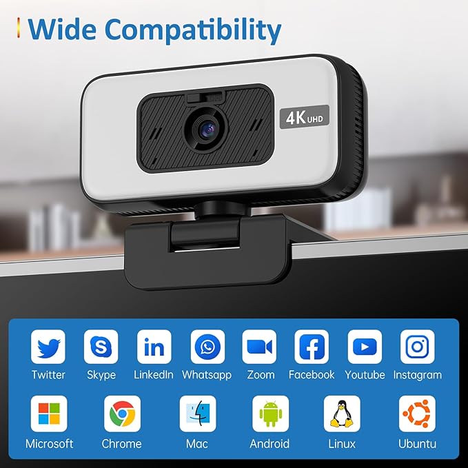 4K Webcam with Light for PC & Laptop & Mac Computer Camera with AI PDAF AutoFocus Four Physical Controls Buttons Adjustable Webcam Light Privacy Cover for Remote Work