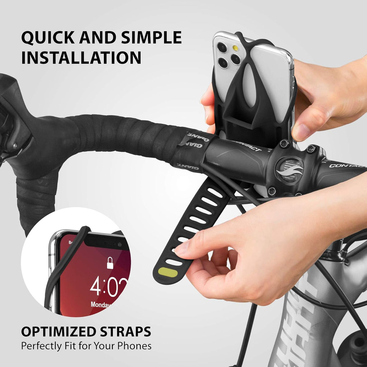 BONE Bike Tie 4, Bike Cell Phone Mount for Handlebar, Scratch-Free Silicone Holder with Anti-Slip Design, Universal Cycling Phone Holder Compatible with Most Smartphones (Black - Handlebar)