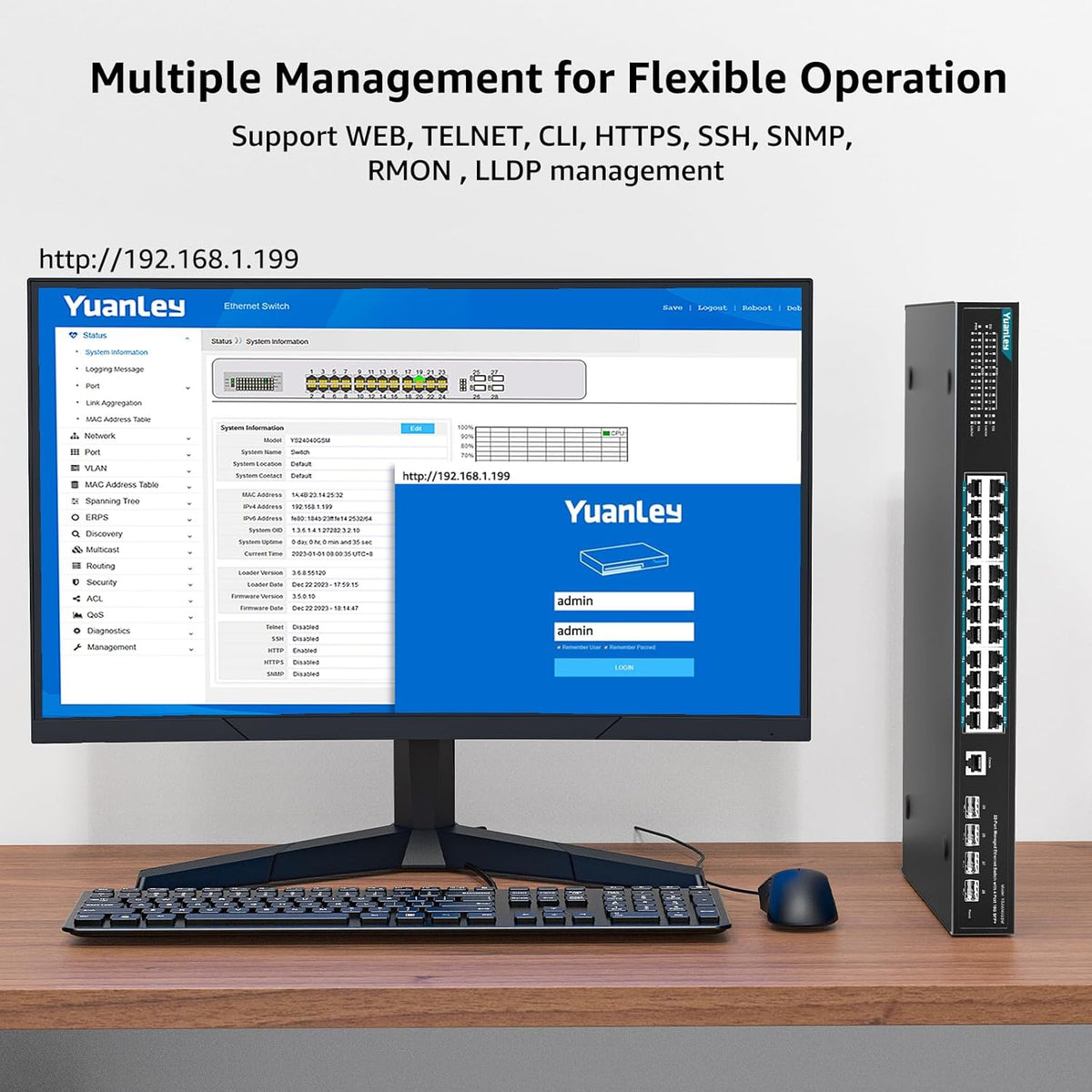 YuanLey 28 Port Gigabit Managed Switch with 24 10/100/1000Mbps RJ45 Ports, 4X 10Gbps SFP+, L3 Smart Managment Ethernet Switch, VLAN, QoS, ACL, SSL, Fanless, Compatible for Tp-Link, Netgear