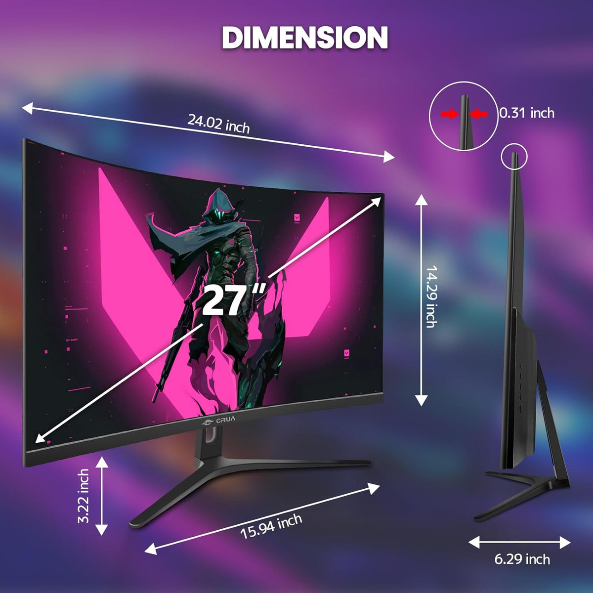 CRUA 27" Curved Gaming Monitor, 280Hz FHD (1920X1080P), 1800R VA Panel, 120% sRGB, Support AMD FreeSync, Low Blue Light, Ultra-Smooth Esports Display, HDMI 1.4 & DP 1.2, Wall Mountable Installs-Black