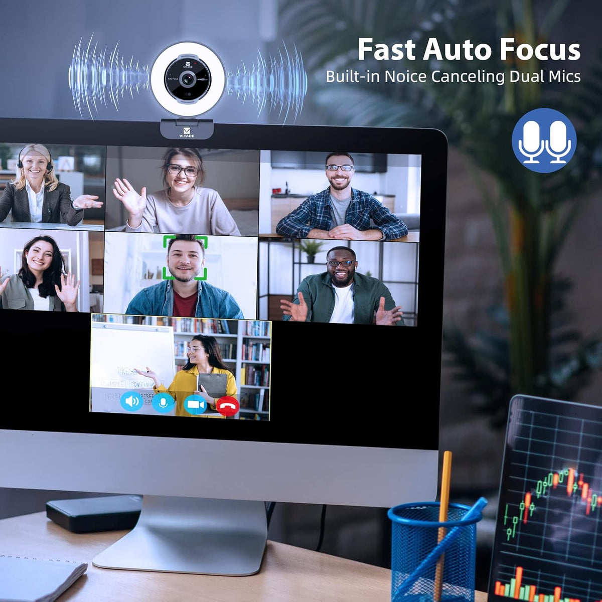 Zoomable Webcam with Remote Control, 1080P 60FPS Streaming with Ring Light and Microphone, Pro USB Webcam with 5X Digital Zoom and Privacy Cover for Zoom/Skype/Teams/PC/Laptop/Mac