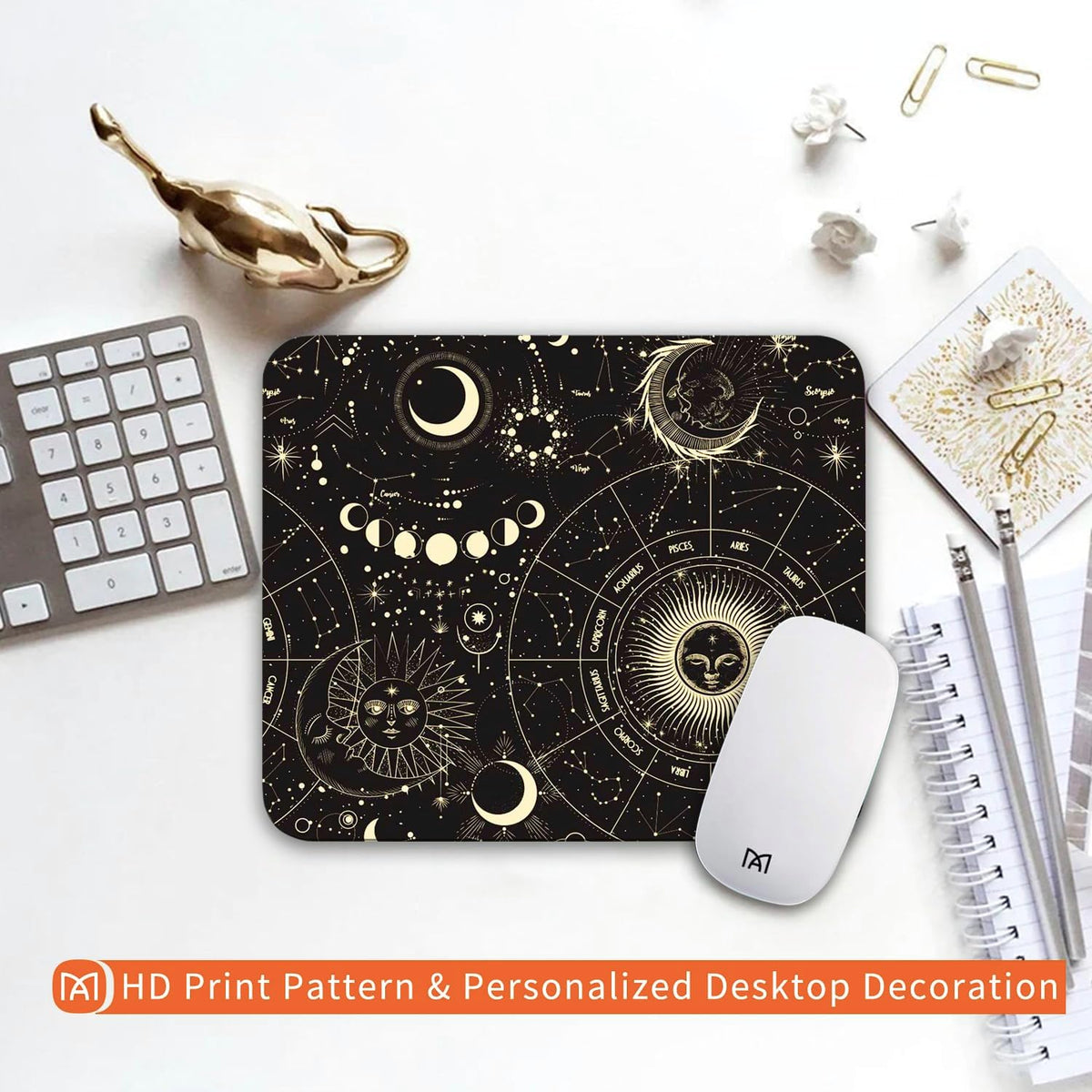 Square Mouse Pad Moon Sun, Personalized Premium-Textured Custom Mouse Mat Design, Washable Mousepad Cloth, Non-Slip Rubber Base Computer Mouse Pads for Wireless Mouse