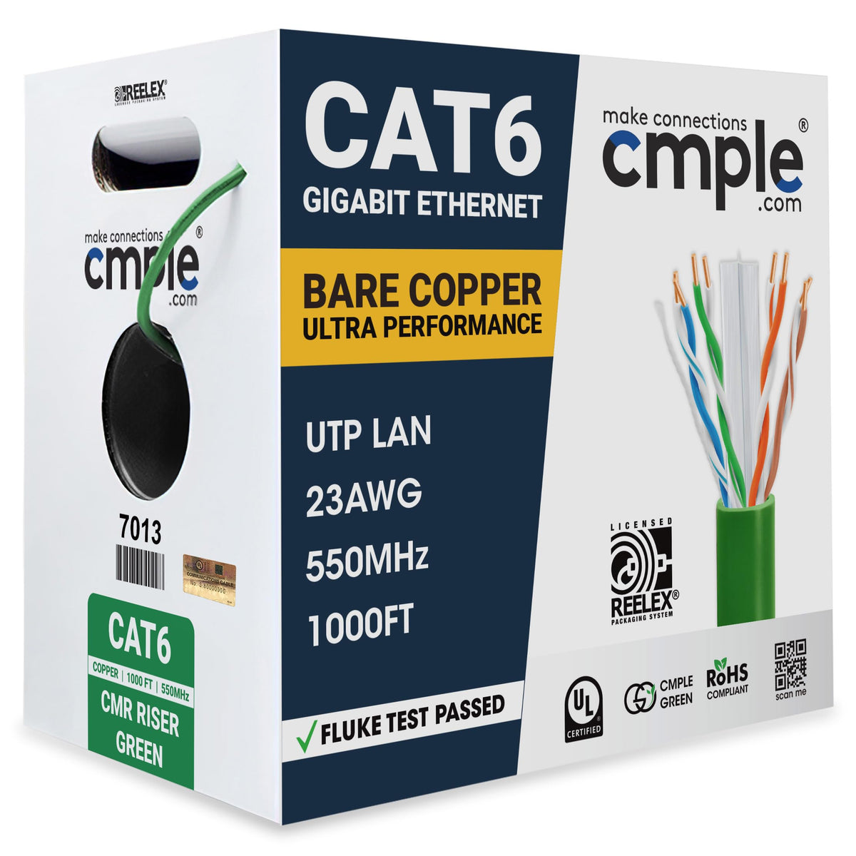 Cat 6 Riser Ethernet Cable Green | UL, CMR, 23AWG | Bare Copper 1000ft