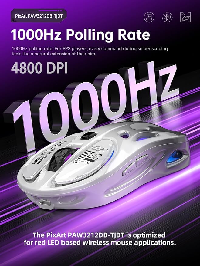 Wireless Gaming Mouse Tri-Mode 2.4G/USB-C/Bluetooth Mouse 800-4800 DPI Ergonomic Optical Mouse Gamer RGB & 6 Programmable Buttons 65g Rechargeable for PC/Mac/Laptop