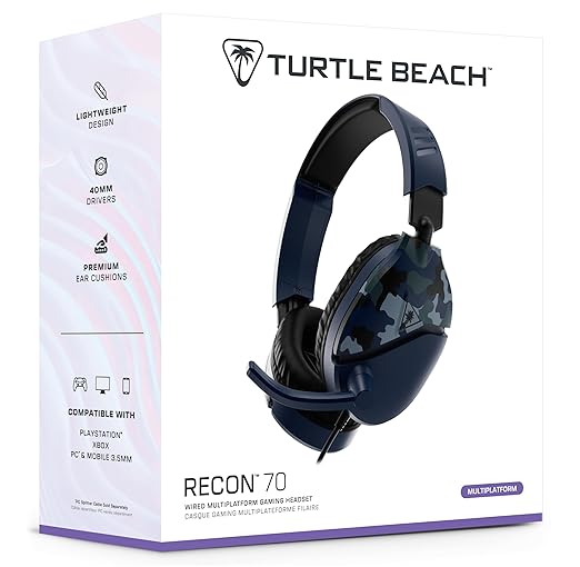 Turtle Beach Recon 70 Multiplatform Gaming Headset for Xbox Series X|S Xbox One PS5 PS4 PC & Mobile w/ 3.5mm Wired Connection - Flip-to-Mute Mic 40mm Speakers Lightweight Design Blue Camo