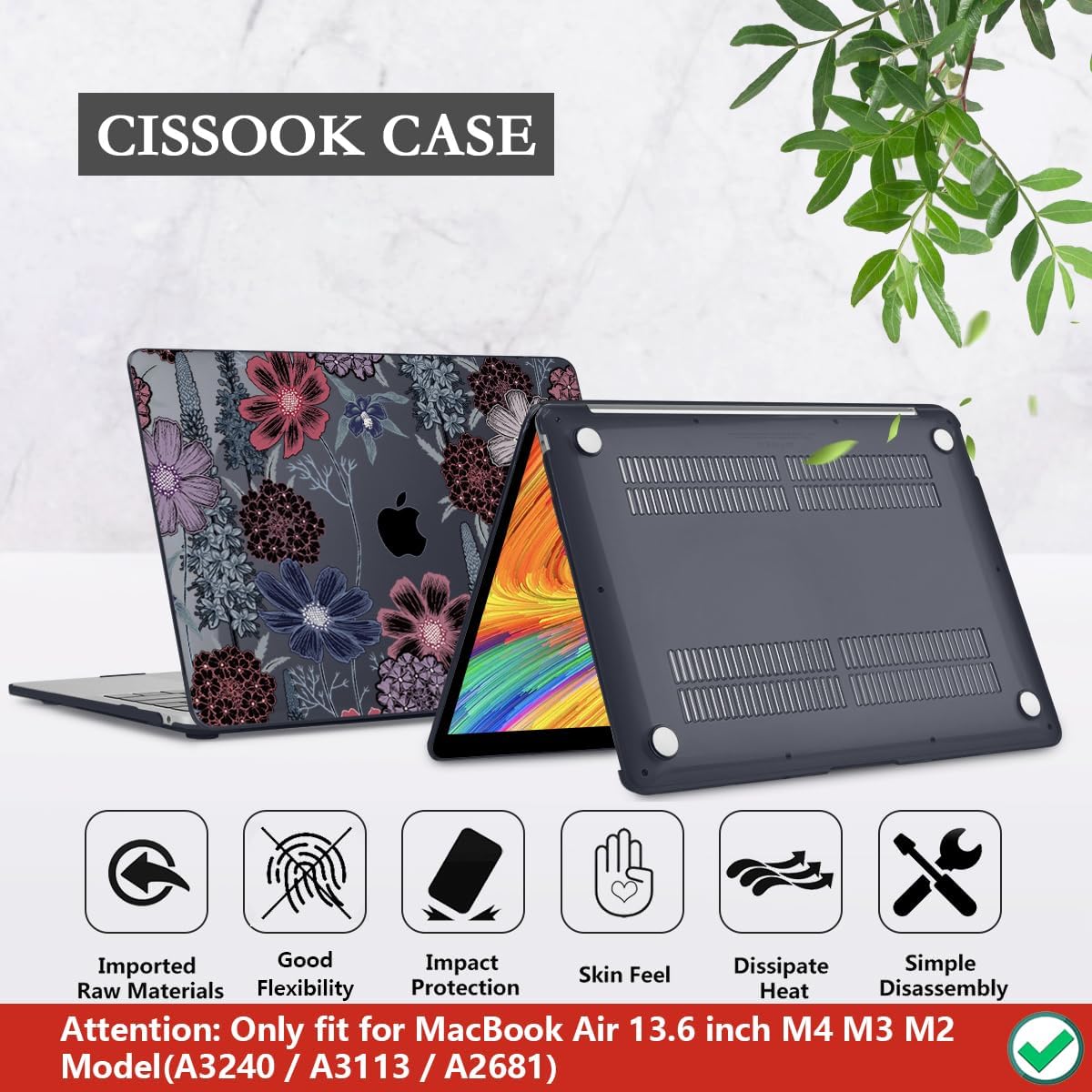 CISSOOK Compatible with MacBook Air 13.6 inch Case 2022 2023 2024 2025 Model A2681 A3113 A3240, Plastic Hard Case with Keyboard Cover Screen Protector Type C Adapter, Texture Flowers