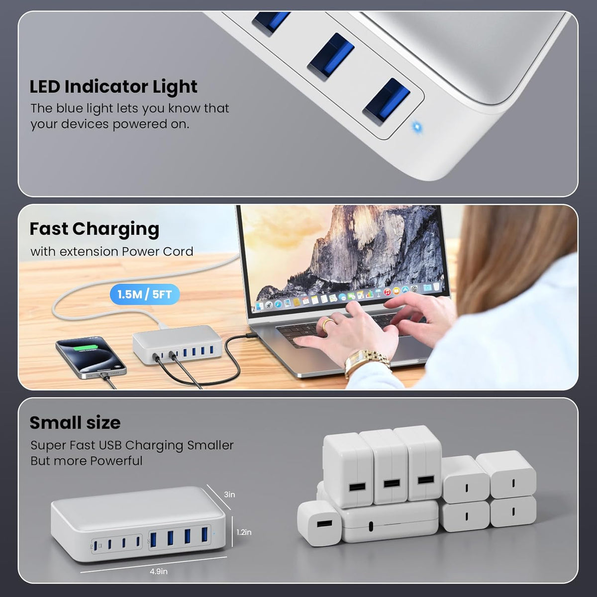 USB C Charger 200W USB C Charger Block,Upgraded GaN III 8-Port Fast Charging Station Hub,PD 65W Laptop Charging Adapter Compatible with MacBook Pro/Air,DELL,Steam Deck,iPhone 16/15/14,Galaxy S23/22