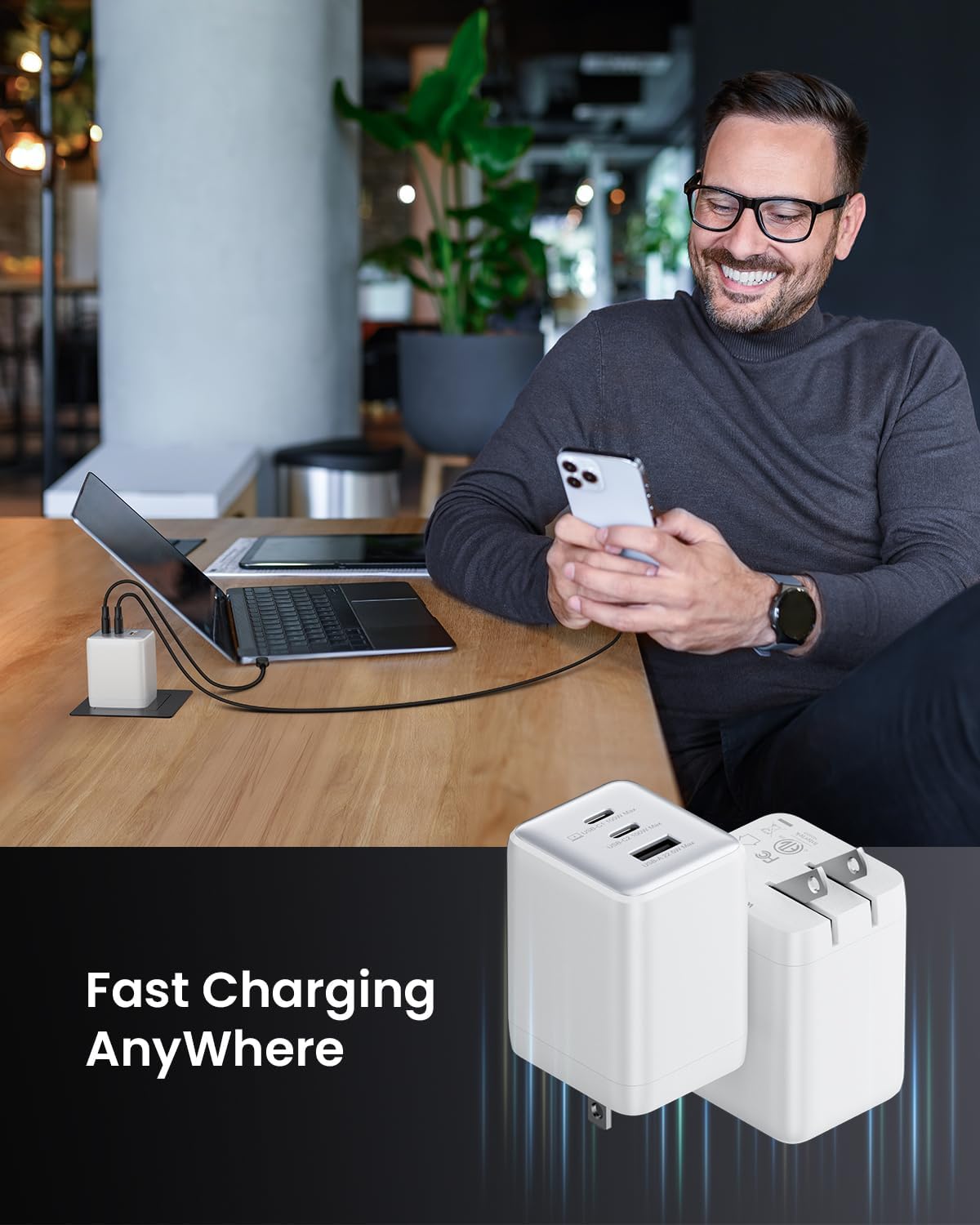 100W USB C Charger Block, 3-Port Compact Foldable Power Adapter USB Wall Charger for MacBook Pro/Air, Dell XPS, iPad Pro, iPhone Series, Galaxy S25/S24, and More