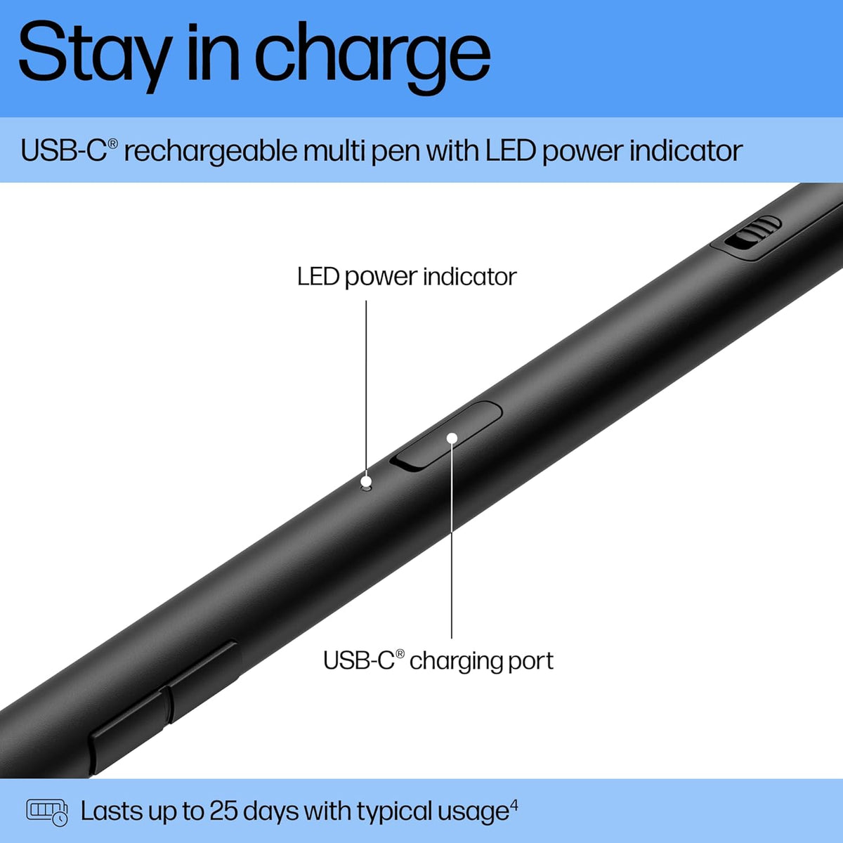HP 700 Rechargeable Multi Pen Compatible Across Devices/Protocols USBC Charging, Long Battery Life, LED Indicator Customizable Buttons Adjustable Tilt & Pressure Thoughtfully Designed