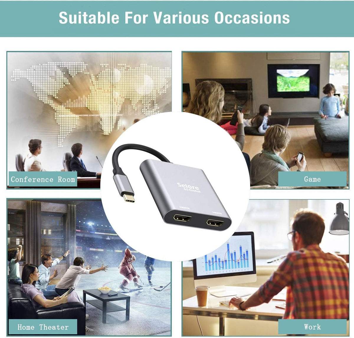 Selore&S-Global USB C to Dual HDMI Adapter 4K @60hz, Type C to HDMI Converter for MacBook Pro Air 2020/2019/2018,LenovoYoga 920/Thinkpad T480,Dell XPS 13/15/17,etc