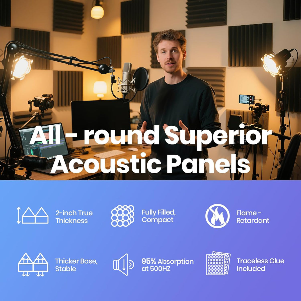 Focusound Black White Acoustic Panels 50 Pack 2"x12"x12" with 300 PCS Double-Side Adhesive - Sound Proof Pyramid Foam for Walls, Home Studio Noise Absorption & Echo Control Kit