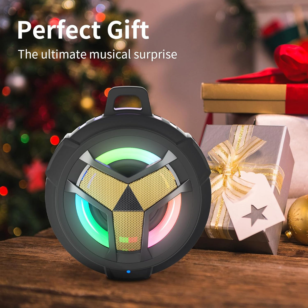 EBODA Waterproof Bluetooth Speaker, Shower Wireless Speaker, IP67 Waterproof, LED Light, Floating, Portable Speakers for Travel, Pool, Beach, Kayak, Gifts for Men-Black Golden Special Edition