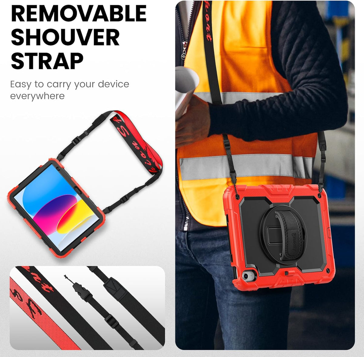 timecity for iPad (A16) 11th/ 10th Generation Case 11''/ 10.9 Inch (2025/2022) - Heavy Duty Protective Cover with Screen Protector, Stand, Shoulder Strap & Pencil Holder | Kids-Friendly - Red