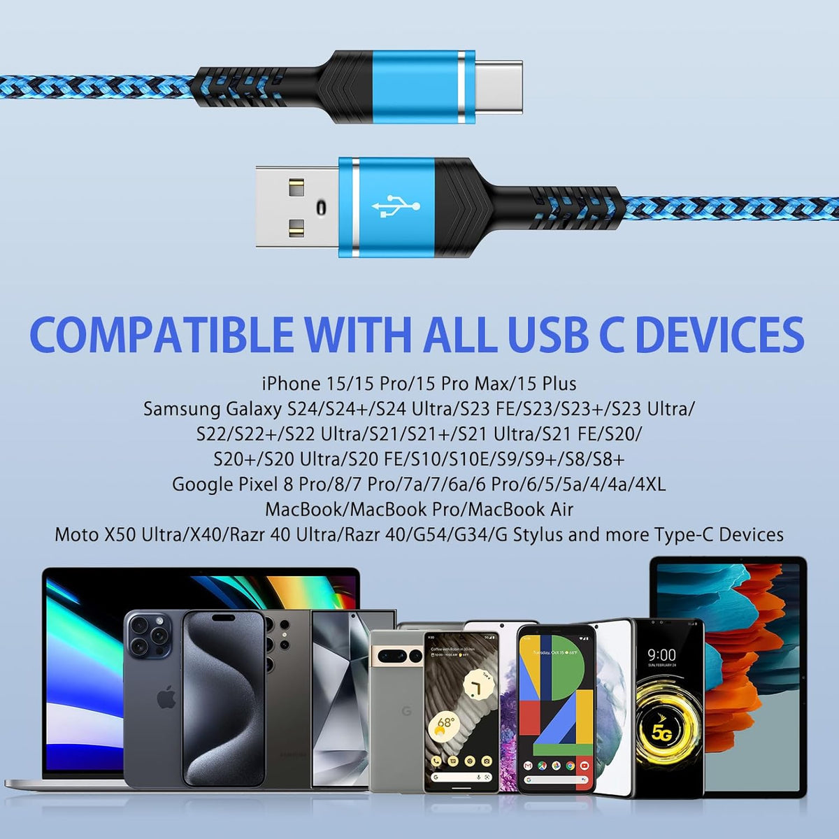 Moto Razr 2025 USB C Cable Fast Charging Cord 2Pack 6ft USB A to Type C Charger Cable for Moto Edge/G 5G 2025,iPhone 16 15 Pro Max Plus,Samsung Galaxy S25 S24FE S23 S22 A16,Google Pixel 9 Pro XL 8a 7a