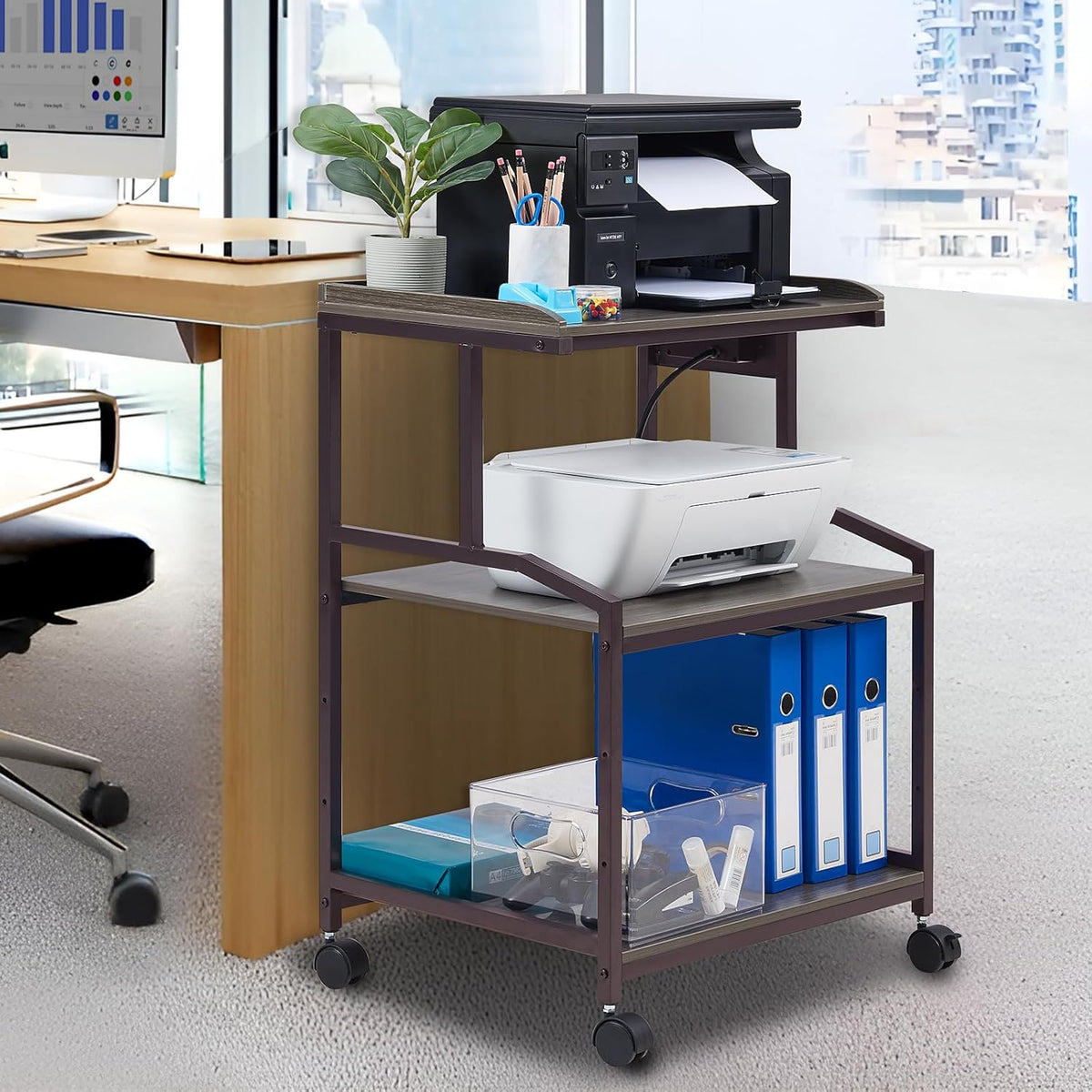 Lauren&Harold 34'' Printer Stand with Power Outlets & USB Ports, 3-Tier Adjustable Rolling Cart, Heavy Duty 150LBS Storage Table with Wheels for Office, Kitchen, Living Room, Grey/Bronze
