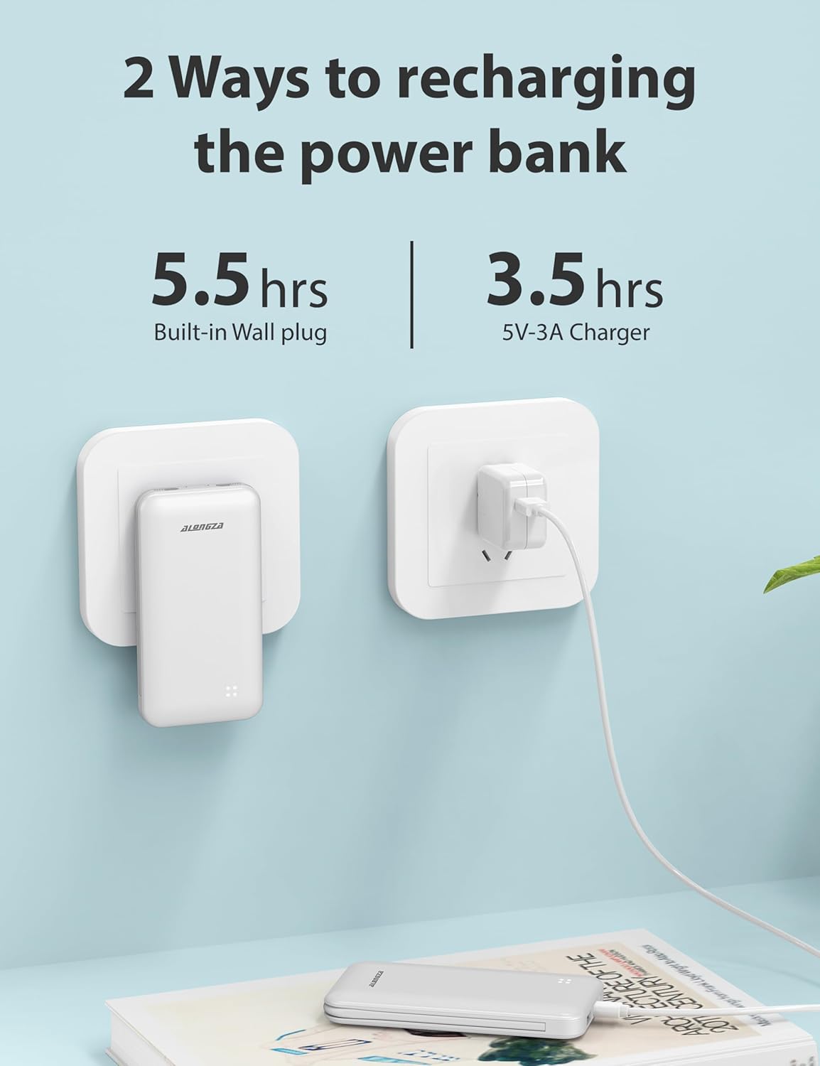 Alongza Portable Charger Built-in Cables and AC Wall Plug, Slim Fast Charging Power Bank 10000mAh, Lightweight USB C External Battery Pack Compact Travel Cell Phone Charger