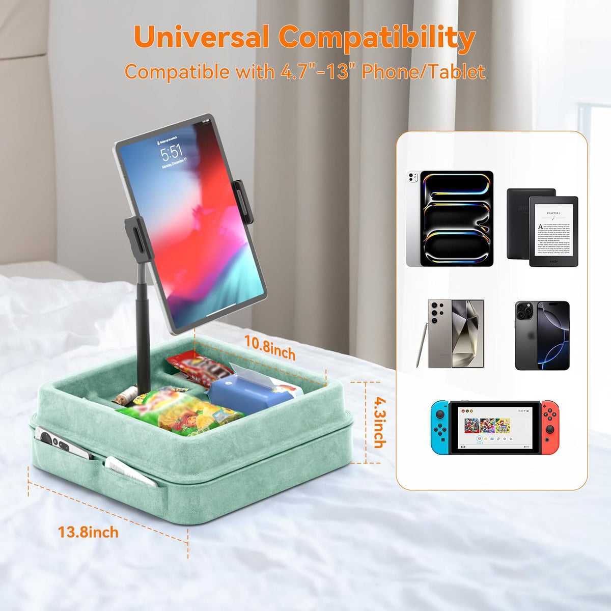 KDD Tablet Pillow Holder - 360°Adjustable iPad Pillow Stand for Lap, Bed and Desk - Gooseneck Tablet Soft Pad Dock with Storage Tray and Pocket Compatible with iPad Pro 12.9, Air Mini, Phone,(Green)