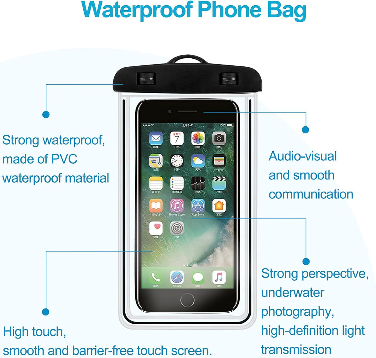 2-Pack Waterproof Phone Pouch,Waterproof Phone Case for iPhone 15 14 13 12 Pro Max XR X SE 2022 8 Samsung S24 S23 S22(Black+White)