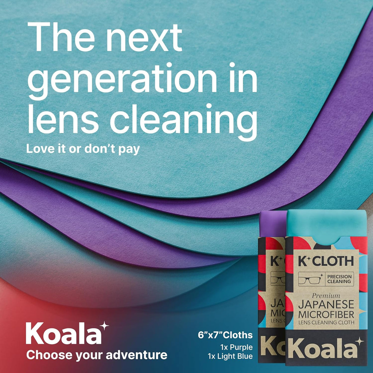 Koala Lens Cleaning Cloth | Japanese Microfiber | Glasses Cleaning Cloths | Eyeglass Lens Cleaner | Eyeglasses, Camera, VR/AR Headset, and Screen Cleaner | Blue & Purple (Pack of 2)