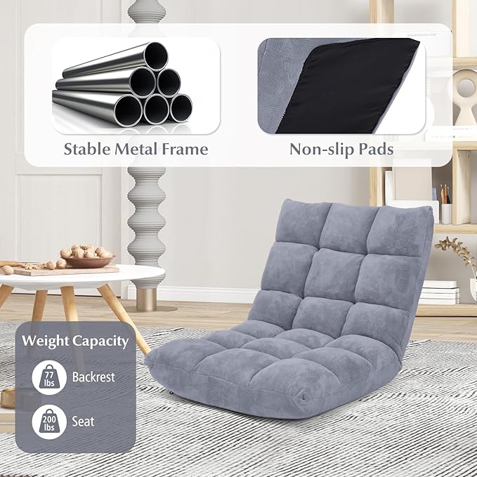 14-Position Floor Sofa Folding Gaming Sofa Chair Comfy Cushions & Study Steel Frame Angle Adjustable Sleeper Bed Couch Recliner (Grey)