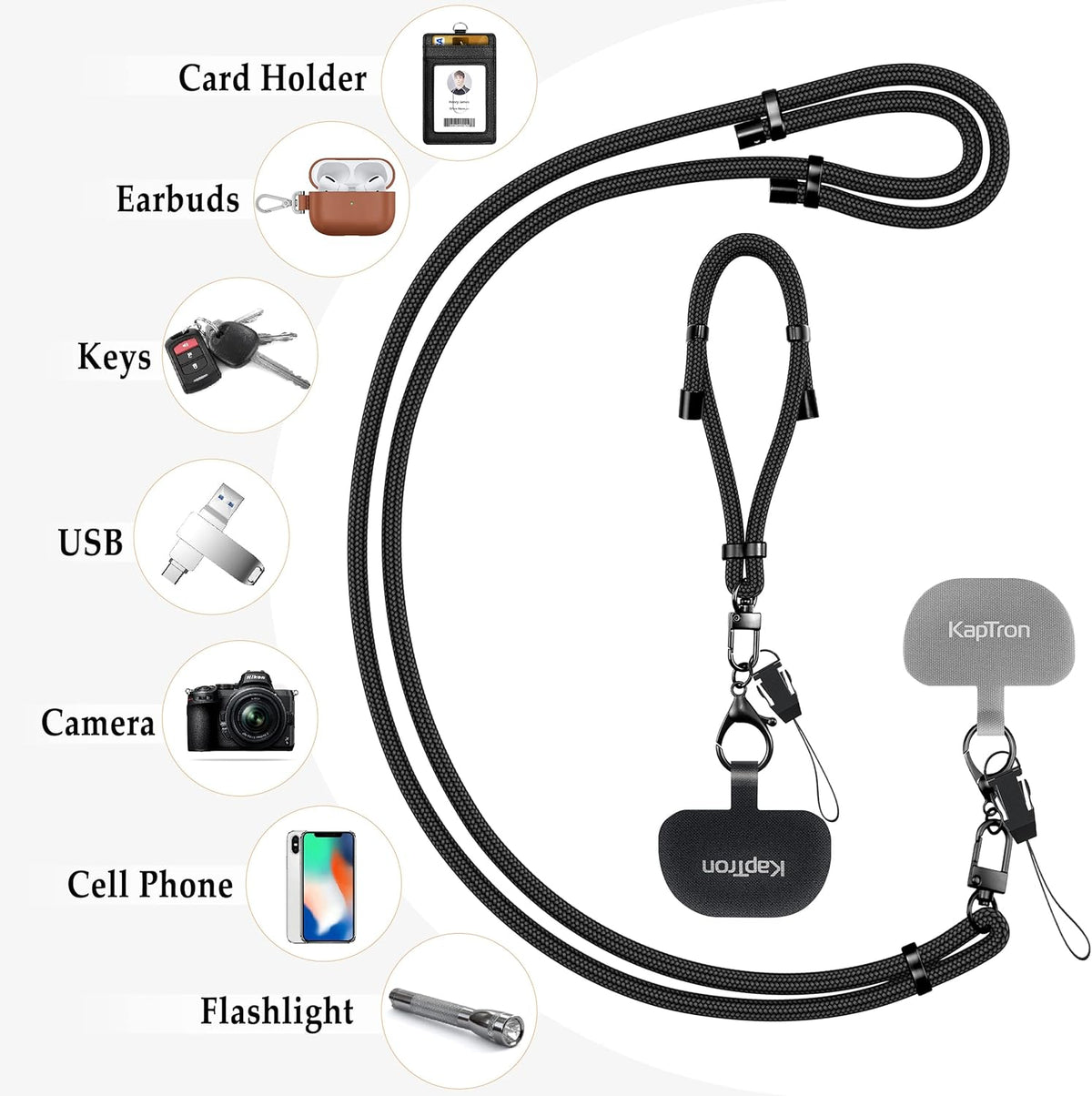 Kaptron Universal Phone Lanyard with Wrist Strap, Adjustable Crossbody Cell Phone Lanyard Neck Strap and Wristlet Strap with 2 Lobster Clips, Phone Tether Patches and Phone Straps (Black, 2 Pack)