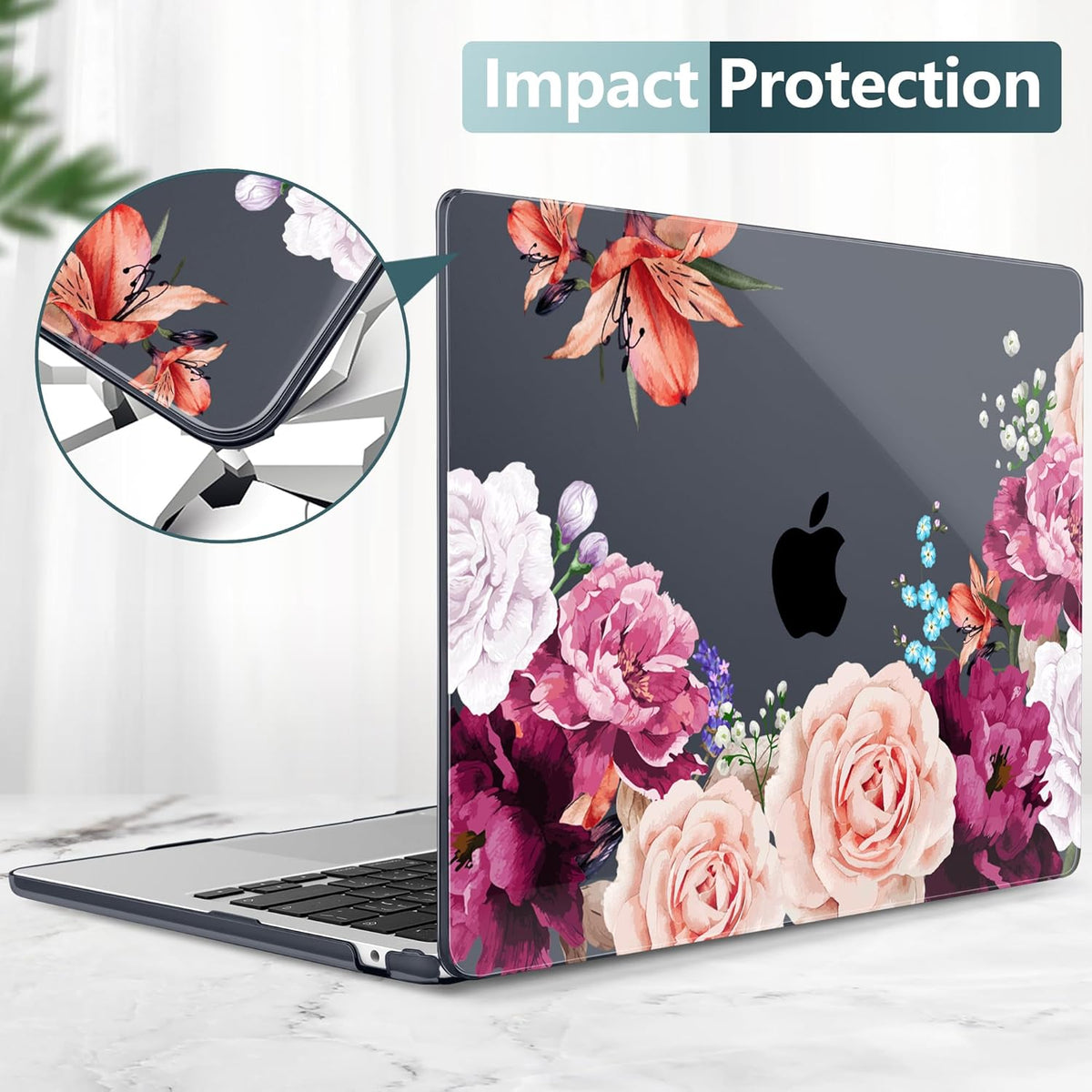 TWOLSKOO for M4 MacBook Air 13.6 inch Case 2025-2022 Release M4 A3240 M3 A3113 M2 A2681, Plastic Hard Shell & Screen Protector & Keyboard Cover & Trackpad Film, Black Peony