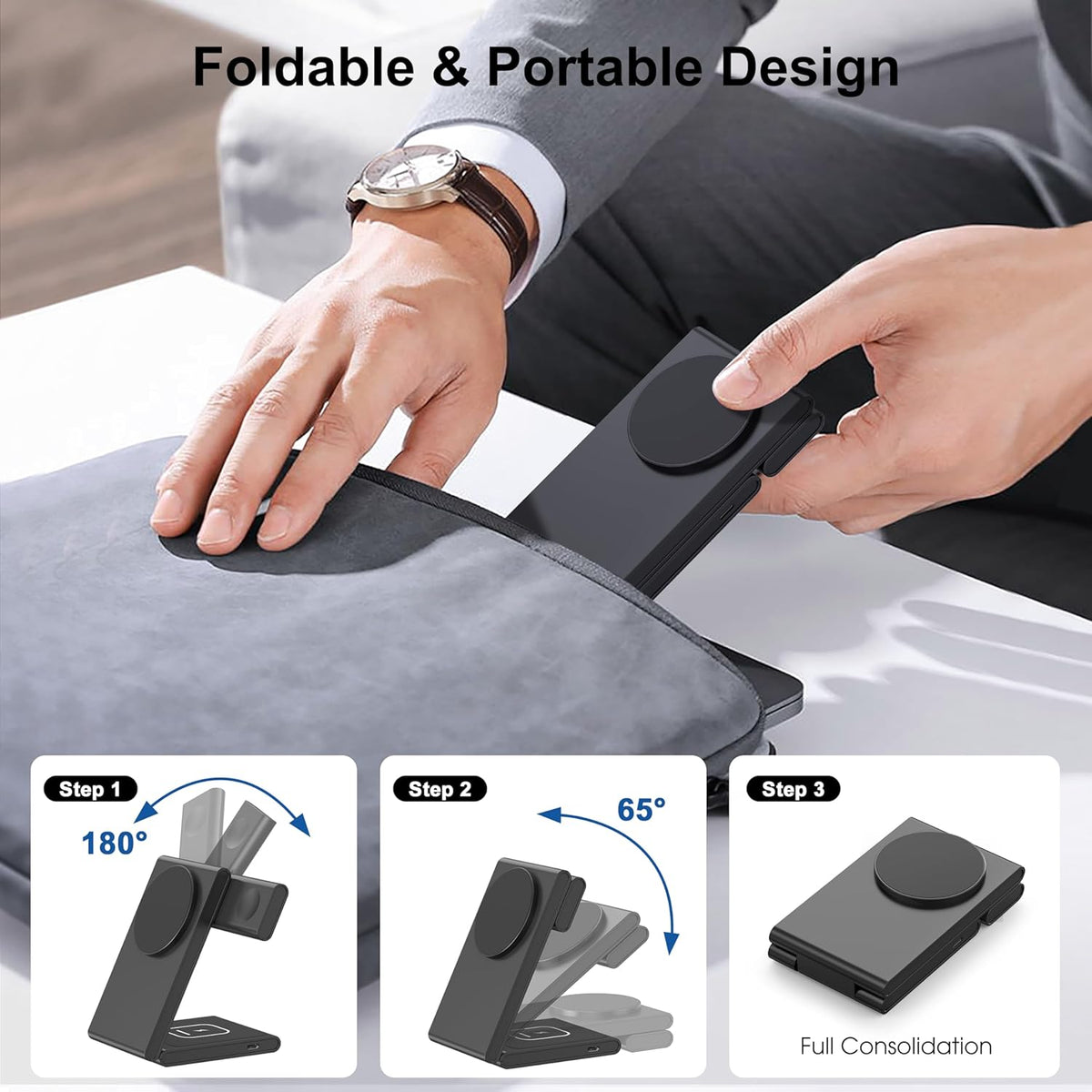 3-in-1 Wireless Charging Station, Standard 20W Fast Magnetic Foldable Magsafe Charger Stand for iPhone 16 15 14 13 12 Series, Travel Charger for iWatch 10/Ultra 2/AirPods 4 Series(Adapter Included)