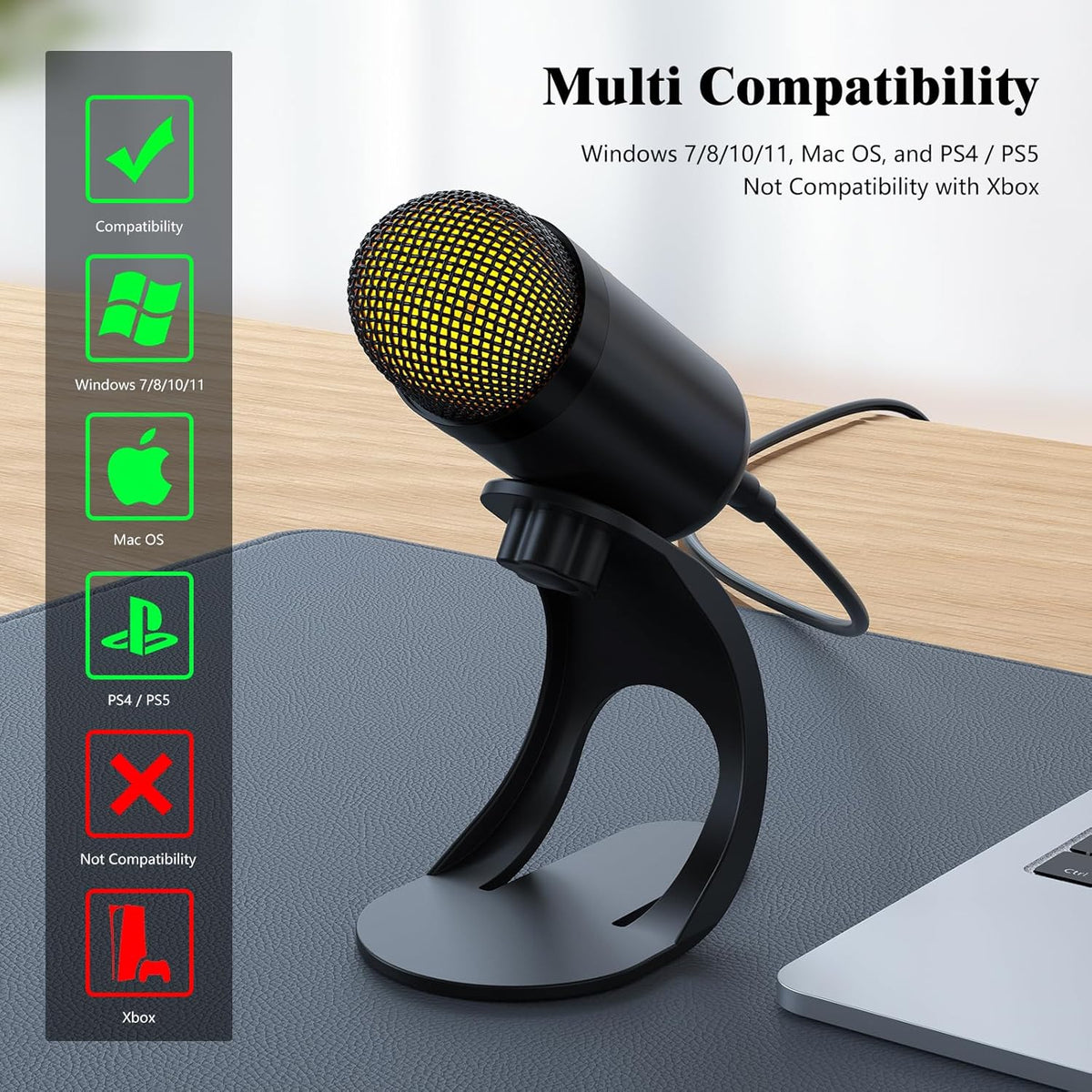 LIANGSTAR USB Computer Microphone, Podcast Mic Desktop with Mute Button for Recording Streaming, Color Change, Omnidirectional Condenser, Plug and Play with Stand for PC, Laptop, Mac, YouTube