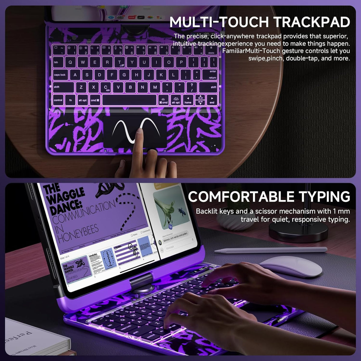 Transparent Case with Keyboard for iPad 9th (7th, 8th, and 9th Gen)10.2 Inch ,with 7-Color Backlit Wireless Keyboard,360°Rotatable Protective Case Multi-Touch Trackpad,with Pencil Holder,Purple