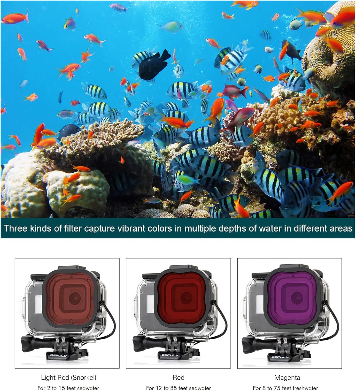 Waterproof Case for GoPro Hero 8 Black with 4-Pack Dive Filter, 60M Underwater Diving Housing Case with Red, Light Red, Magenta, Close-up Filters for GoPro Hero 8 Black Camera