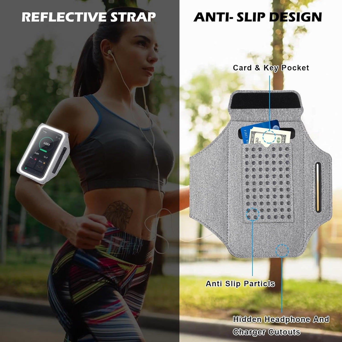GUZACK Running Armband Case for iPhone 16/15/14/13/12/11 Pro Max, Galaxy S25/S24/S23/S22, Universal Cell Phone Arm Holder with Key Pocket & Card Slot, Gray