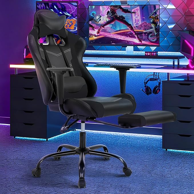 Gaming Chair Ergonomic Office Chairs PU Leather High-Back Computer Chair with Footstool and Lumbar Support360°Swivel Game Chairs with Headrest for Office & GamingBlack (Black)