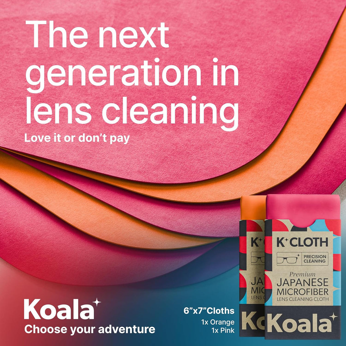 Koala Lens Cleaning Cloth | Japanese Microfiber | Glasses Cleaning Cloths | Eyeglass Lens Cleaner | Eyeglasses, Camera, VR/AR Headset, and Screen Cleaner | Pink & Orange (Pack of 2)