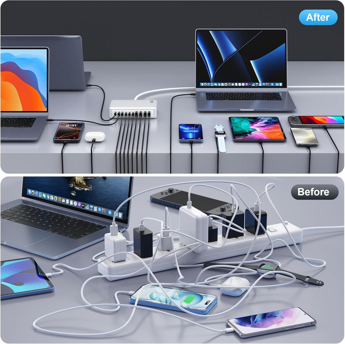 730W USB C Charger Block,10-Ports GaN V Fast Charging Station Hub,QC4.0+Three PD 100W Laptop Charger Wall Power Adapter for MacBook Pro/Air,DELL,iPhone 16/15/14,iPad,Galaxy S25,Pixel,Steam Desk etc