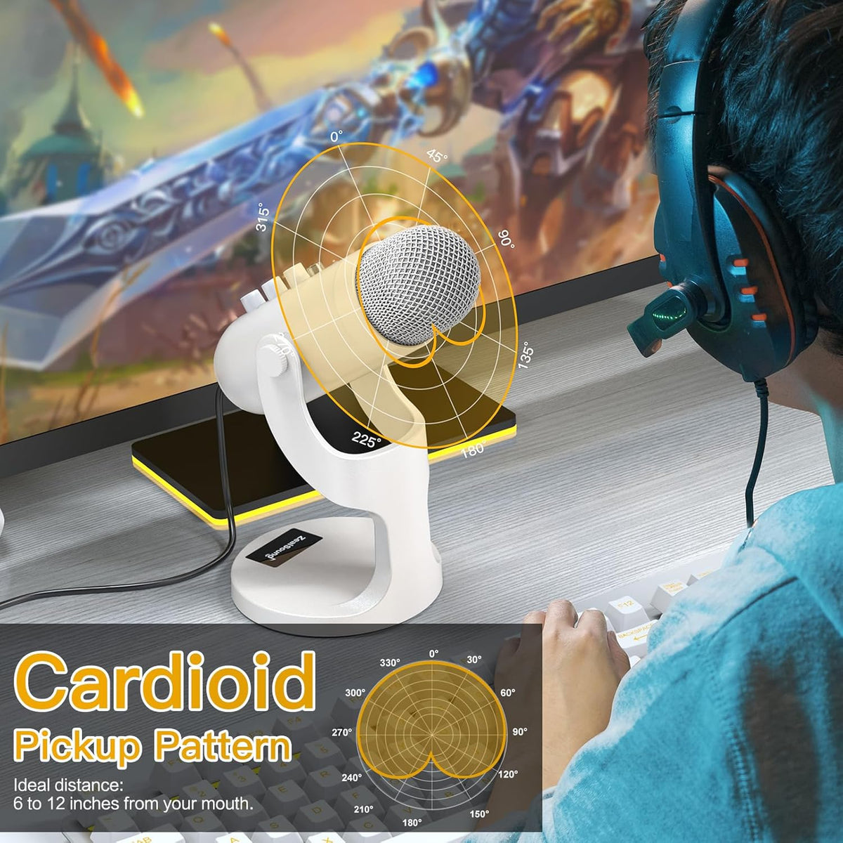 ZealSound USB Microphone,Quick Mute Noise Cancel for Phone Computer PC PS5,Gaming Microphone with Gain Control,Echo Monitor Volume Adjust for Streaming Vocal Recording ASMR Podcast Video K66 White