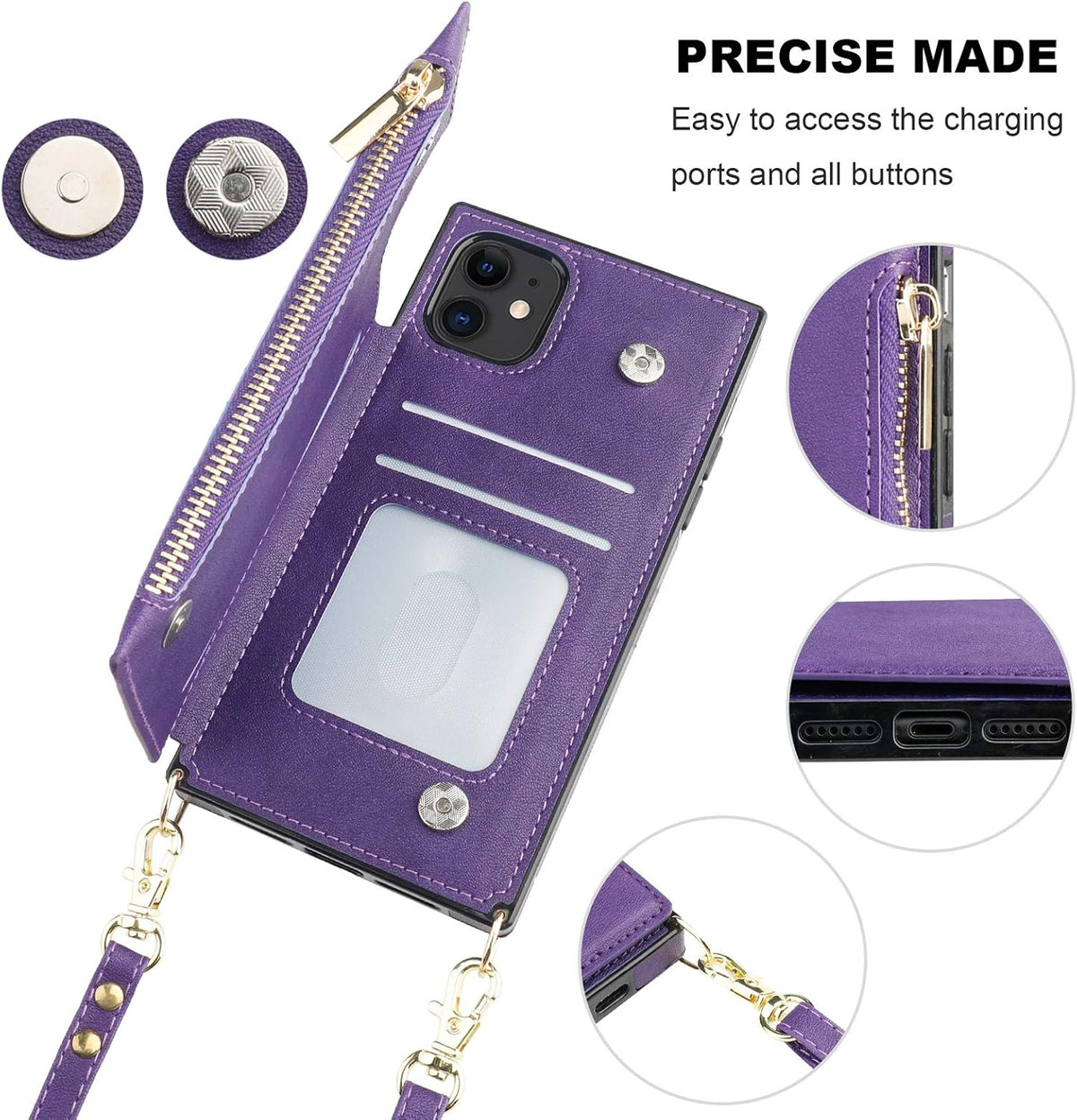 Bocasal Crossbody Wallet Case for iPhone 11 with Card Holder,Zipper Card Slot Protector Shockproof Purse Cover with Removable Cross Body Strap 6.1 Inch(Purple)