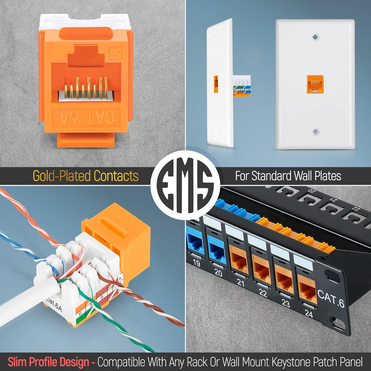 Everest 90° Angled RJ45 Cat6A Keystone Jacks 20-Pack in Orange - Slim Profile Female RJ45 Connectors - Cat 6A Keystone Jack - Compatible with 90° Angled Speed Termination Tool - easyJACK (B094WB91H3)