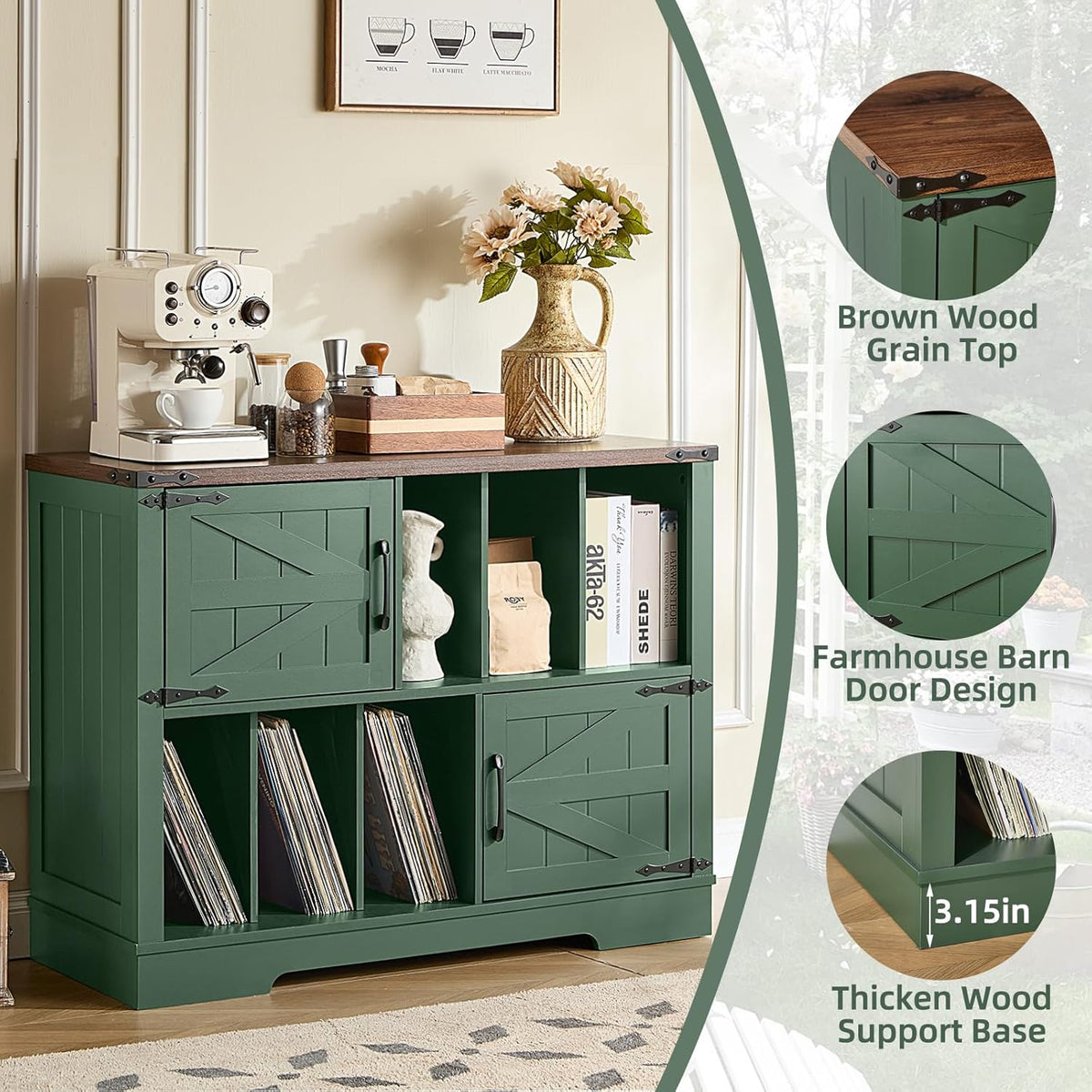 Large Record Player Stand with Vinyl Storage Up to 450 Albums, 39 Inch Farmhouse Wood Green Vinyl Records Storage Cabinet with Barn Doors, Mid-Century Accent Turntable Stand for Living Room