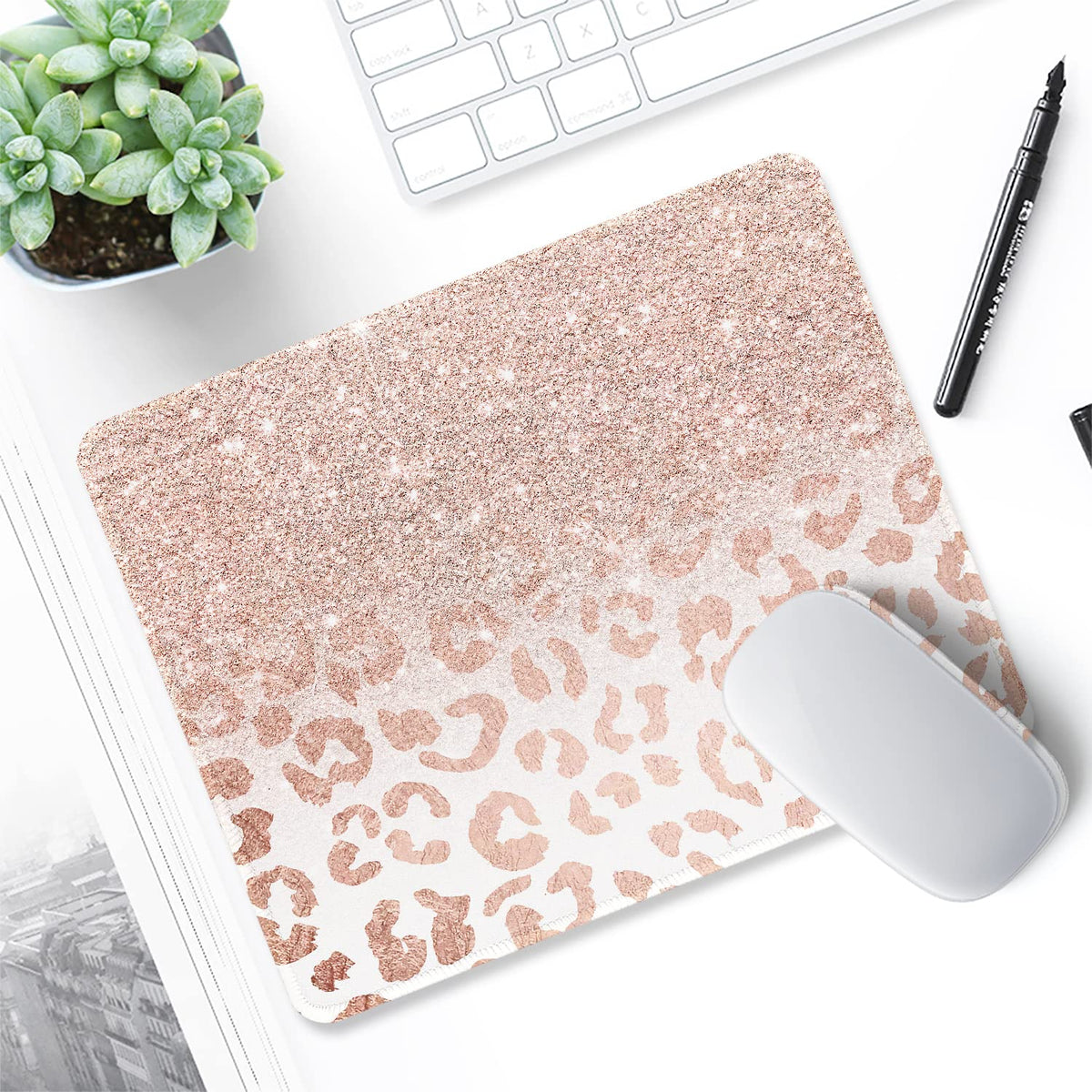 ITNRSIIET Mouse Pad with Stitched Edge Premium Textured Smooth Precise Operation Waterproof Washable Non-Slip Rubber Base Desktop Protection Mat, 10.2×8.3×0.12 inches, Rose Gold Leopard Print