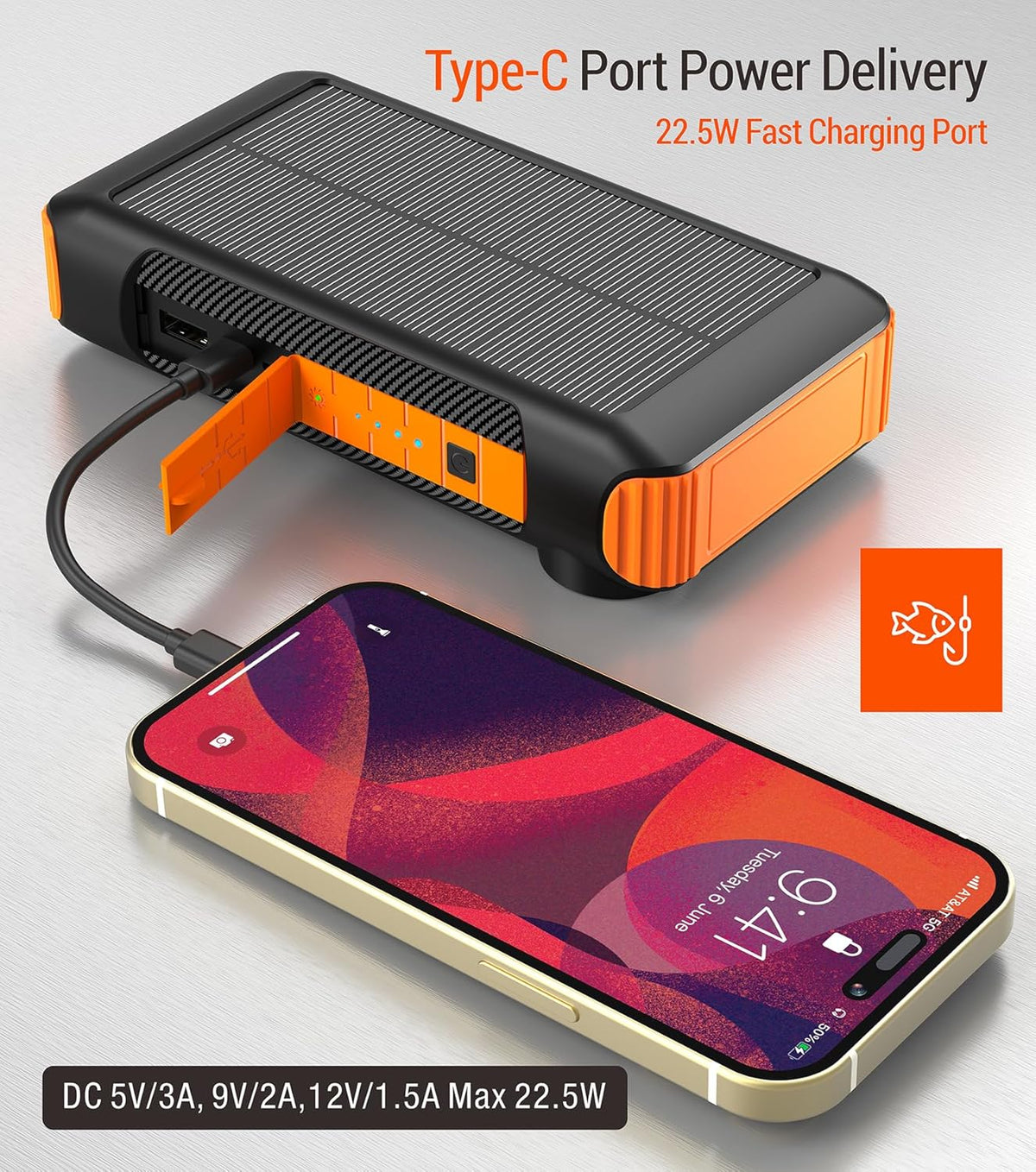 Solar Power Bank 20000mAh Built in Hand Crank and 4 Cables 22.5W Fast Charge Power Bank 5 Outputs & 5 Inputs Solar Portable Charger, SOS/Strobe/Strong Flashlights, Carabiner (Orange)