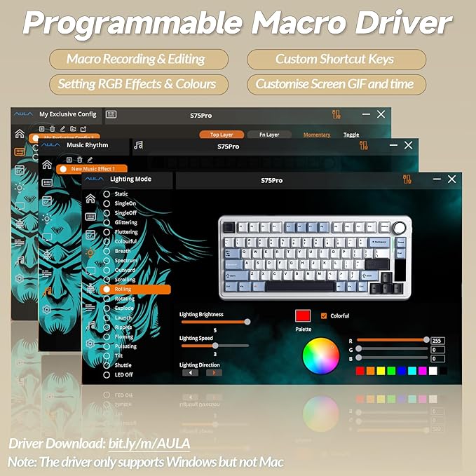 AULA S75 PRO Wireless Mechanical Keyboard with Screen&Knob 75% Hot Swappable Gaming Keyboard with Pre-lubed Switches RGB Backlit PBT Keycaps Creamy Sounding Computer Keyboards