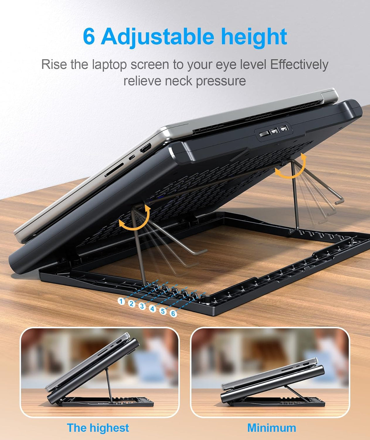 Laptop Cooling Pad Stand, Laptop Cooler with 2 Silent Fans for 10-15.6 Inch Laptops,6 Levels of Height Adjustable Wind Speed with 2 USB Ports (Black)