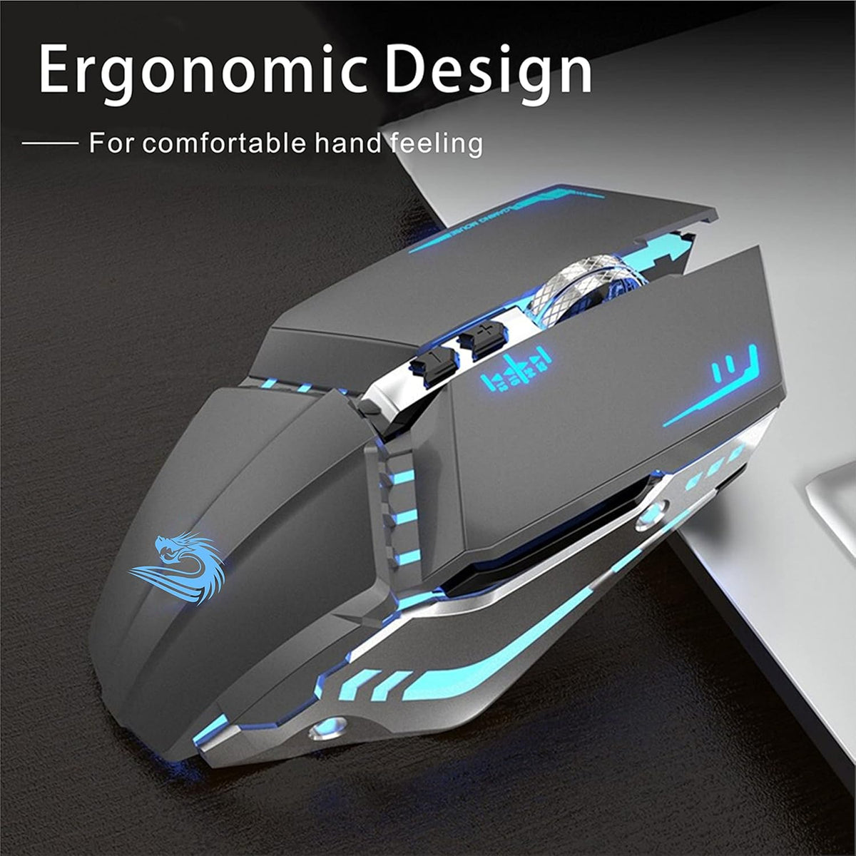 TENMOS T12 Wireless Gaming Mouse Rechargeable, 2.4G Silent Optical Wireless Computer Mice with Changeable LED Light for Laptop PC, 7 Buttons, 3 Adjustable DPI (Grey)