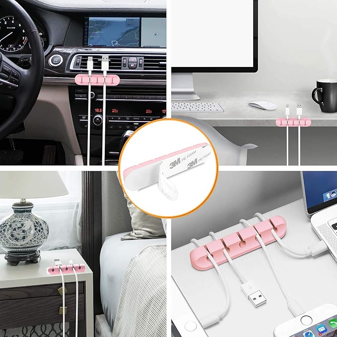 Cord Holder Cable Organizer Clips – Self Adhesive Cord Organizer for Desk, Car, Nightstands, Office, Pink Silicone Cord Keeper Cable Clips Wire Holders for Charger Cords (7-5-3-1-1 Slots)